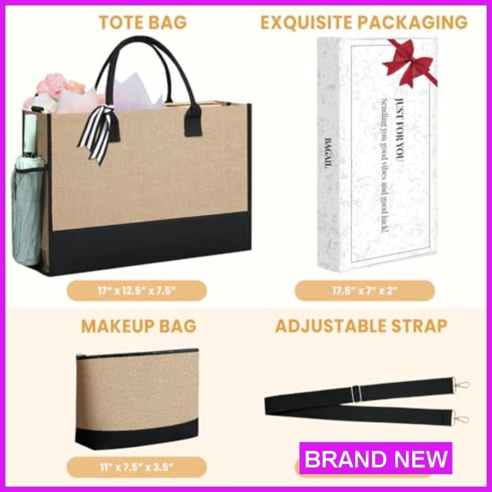 Personalized Monogrammed Tote Bag with Makeup Bag Heavy-Duty Canvas Elegant Gift - Picture 3 of 7